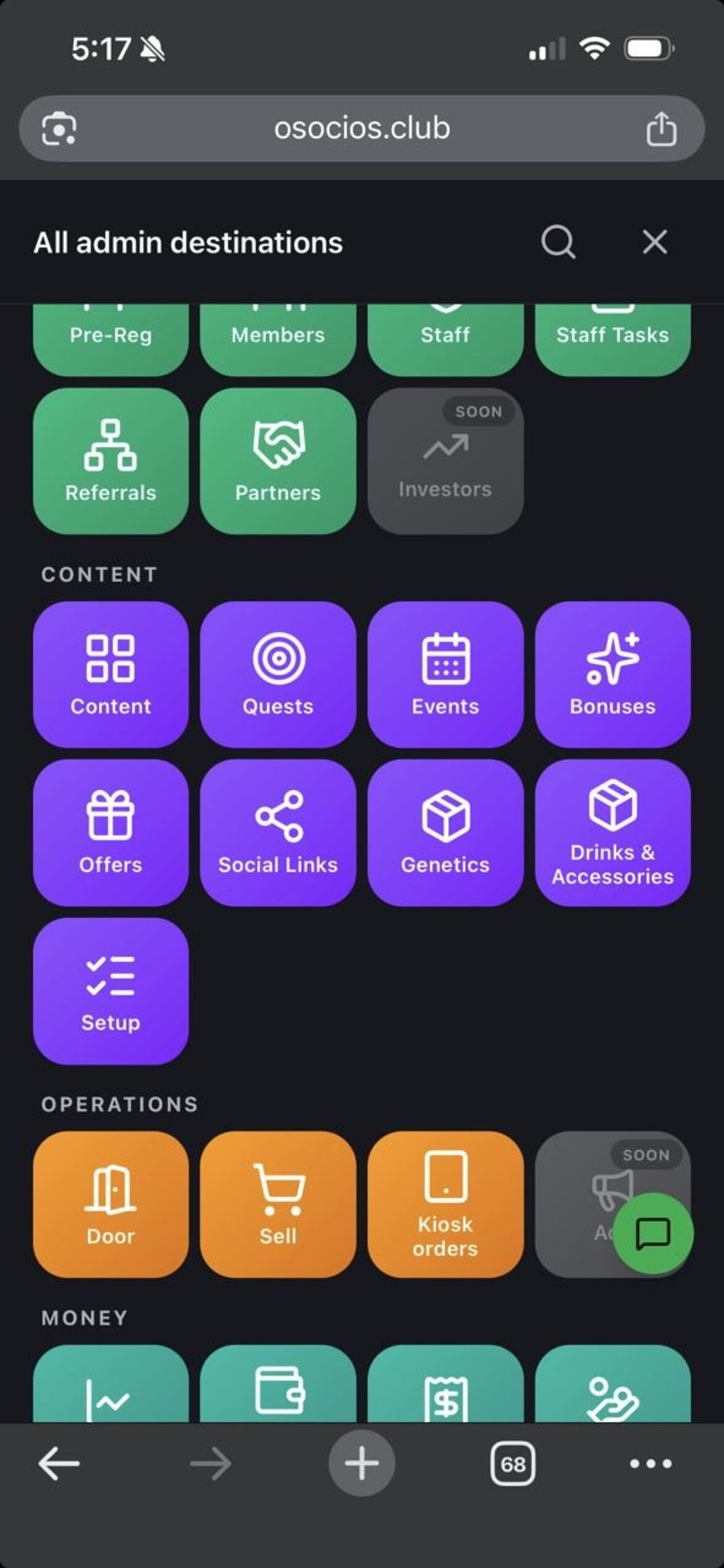The admin mega menu with every module visible.
