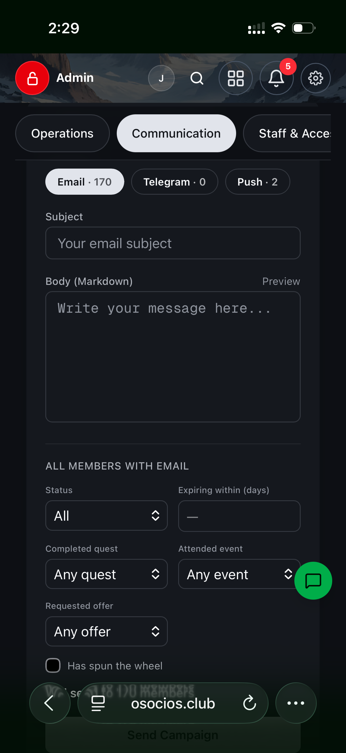 The community channel composer with WhatsApp, Telegram and push toggles.