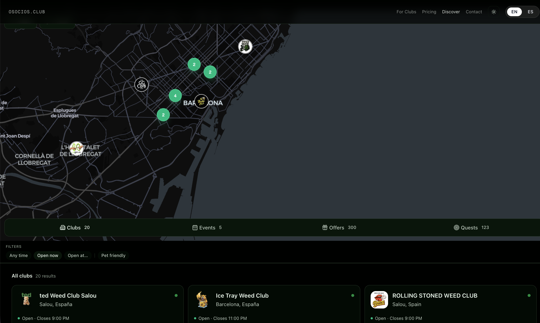 The Discover map, clubs plotted on a map with filters and near-me search.