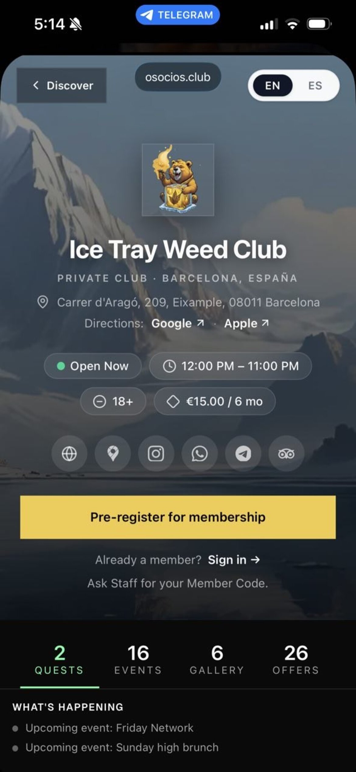 The Ice Tray Weed Club public profile on a phone — cover, club name, hours, offers and a pre-register button.