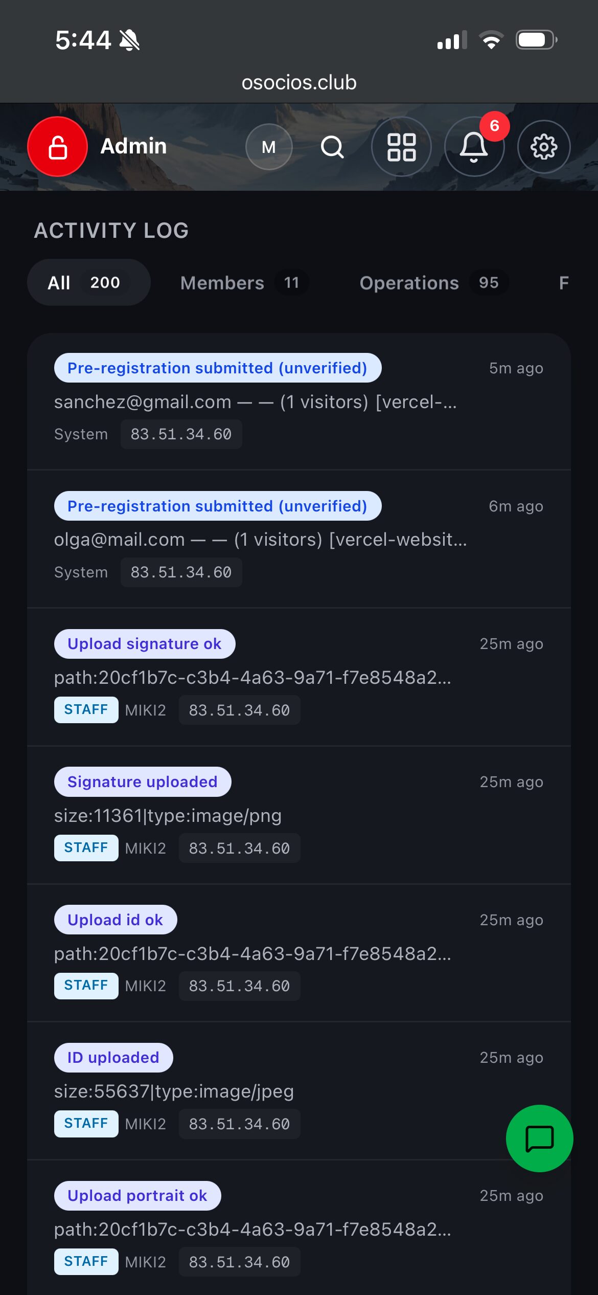 The logs view listing recent actions inside the club.