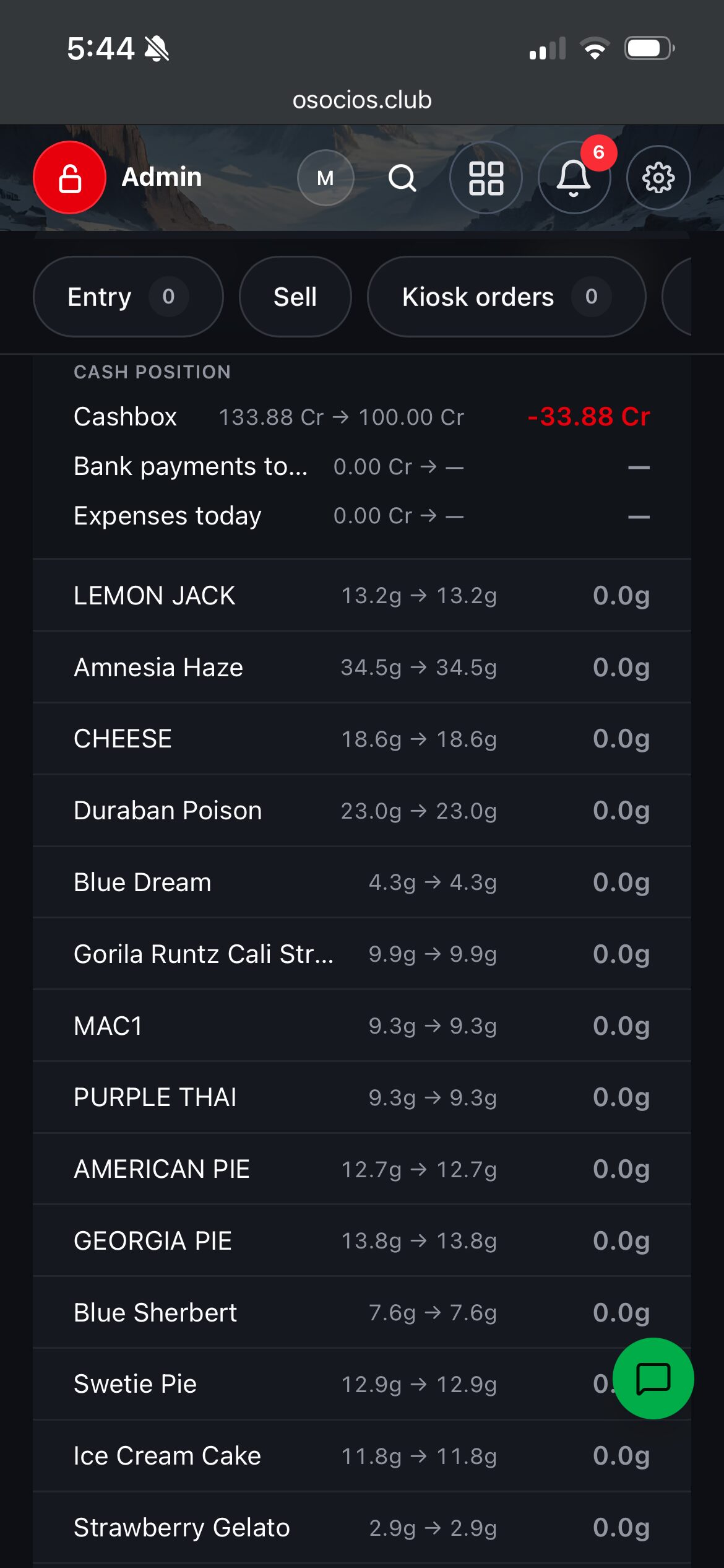 The Daily Close screen: cash position count with expected amounts and per-product stock count.