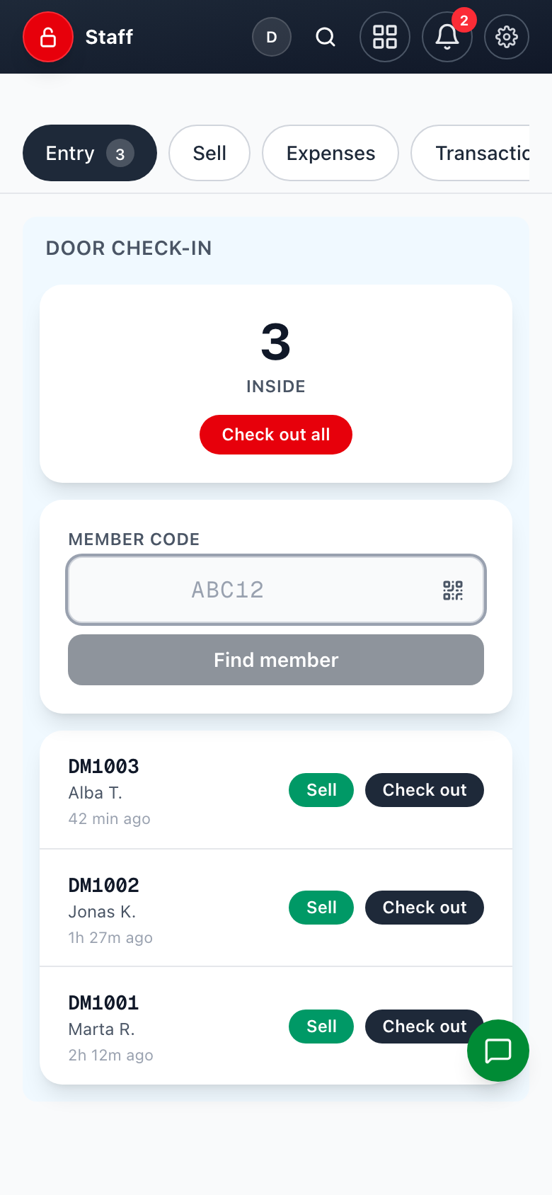 The staff door screen on a phone: members inside right now, a member code lookup, and one-tap check-out.