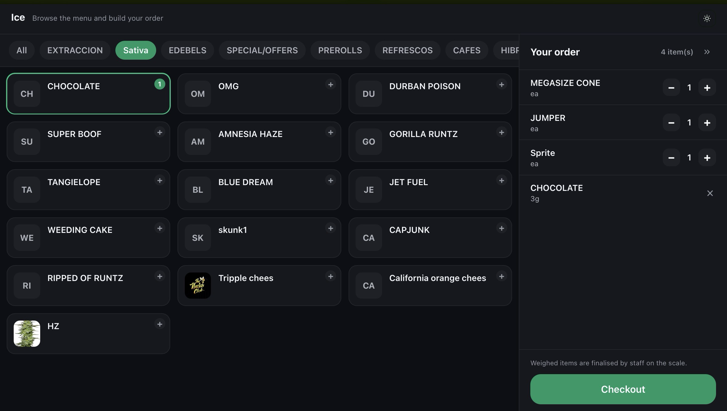The kiosk view on a tablet: dark product grid with an active four-item order in the sidebar and a Checkout button.