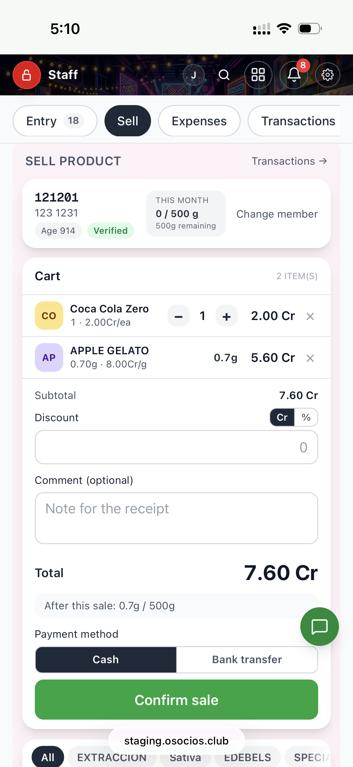 The staff sell screen mid-transaction: member 121201 with a two-item cart (Coca Cola Zero and Apple Gelato) and a running total in credits.