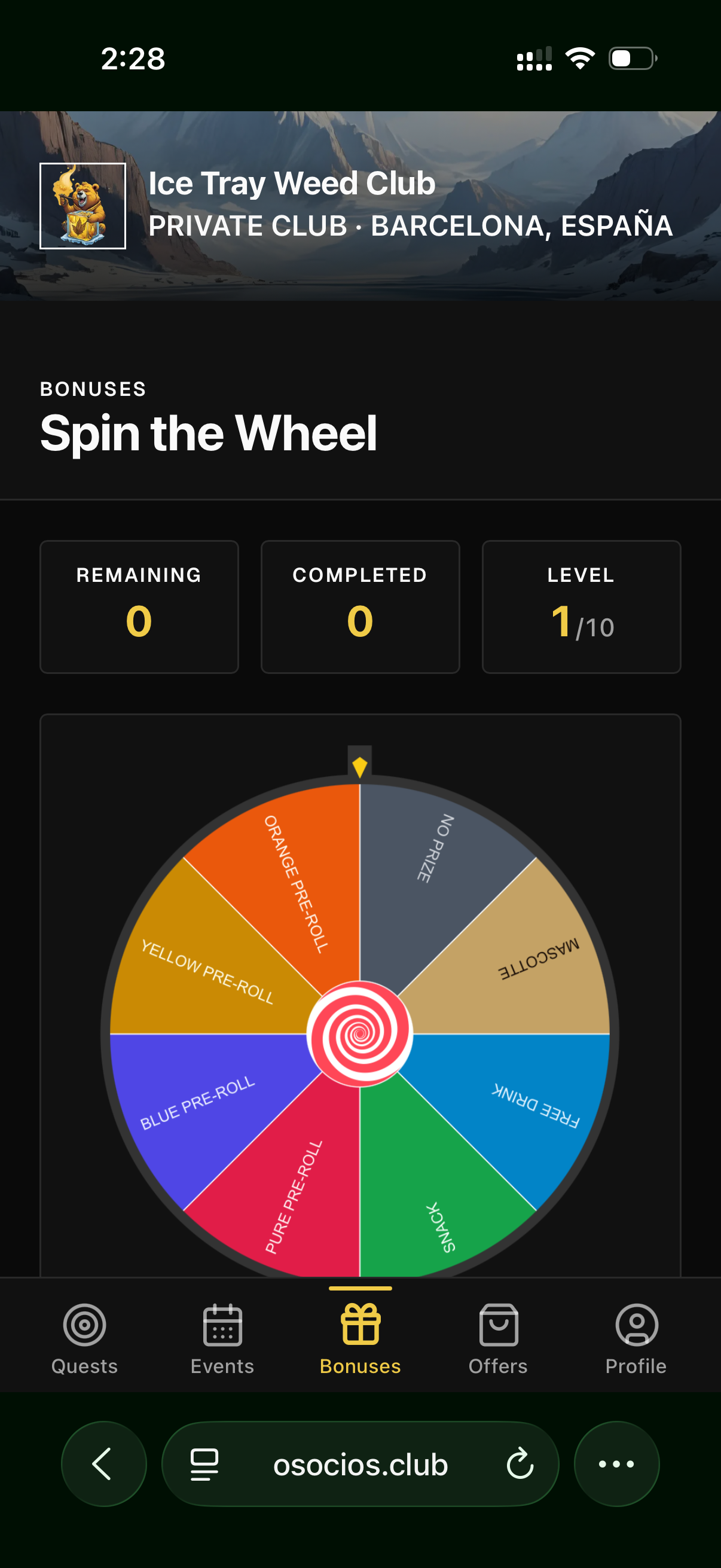 The quest wheel with prizes visible on a member's phone.